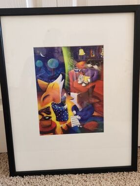 KOLLMAN Art Print Limited Edition Fox Cat With Coffee Cup Colorful Kids 17 x 21